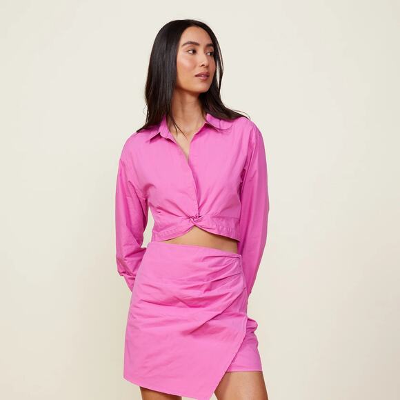 MONROW Poplin Front Twist Shirt Violet Pink Plunge Crop Long Sleeve Small NEW - Picture 2 of 10